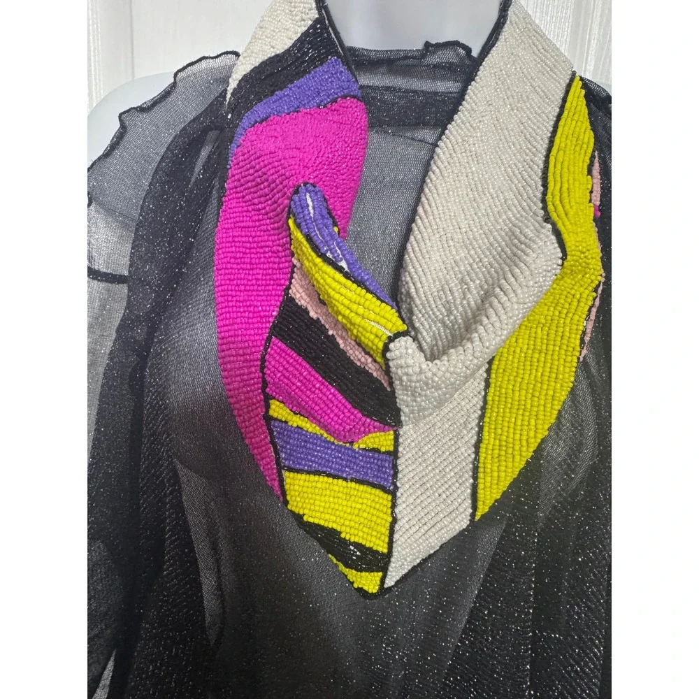 Vintage Beaded Triangle Scarf Necklace Abstract Pop Art Bandana Statement Pink